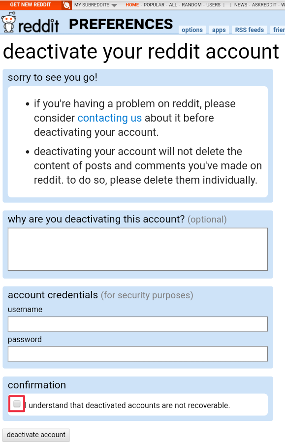 reddit account deactivation confirmation