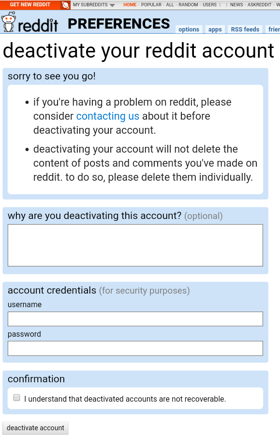 reddit account deactivation page