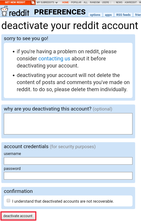 delete Reddit account on mobile phone