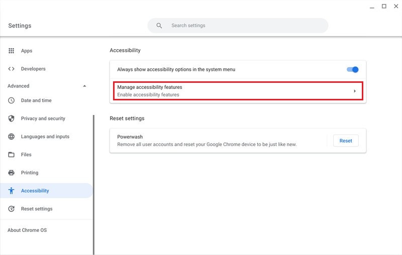 chromebook manage accessibility features