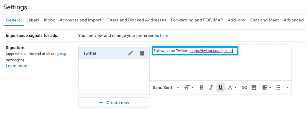 Put Your Twitter Link In Your Gmail Signature