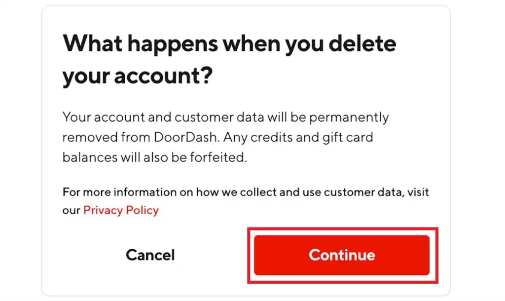 DoorDash Account Deletion Popup